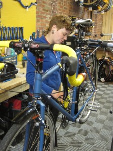 Katharine dialing in my newly coated CC at Kindred Cycles in the Strip.